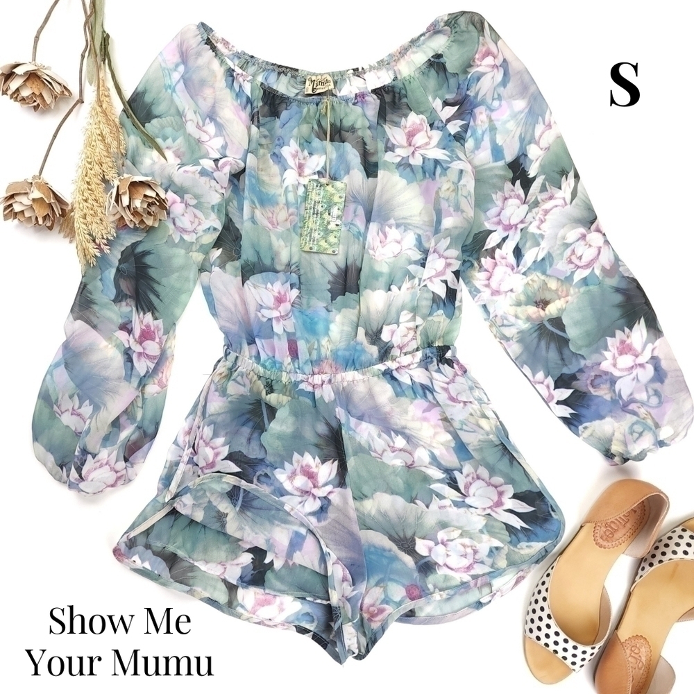 New Show Me Your Mumu Sheer Blue Green Pink Floral  Rane Romper Sz S